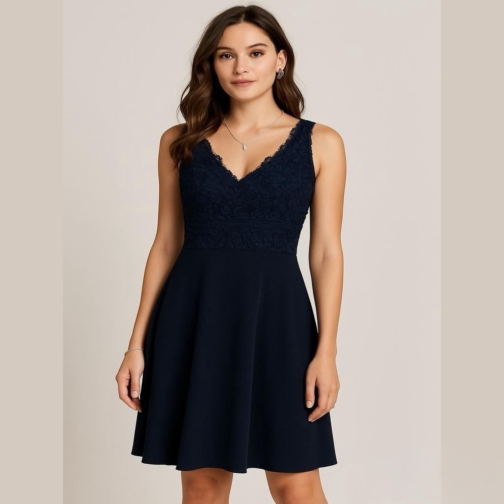 Watters Navy Vneck Lace Bodice Cocktail Dress Size 12 NWT